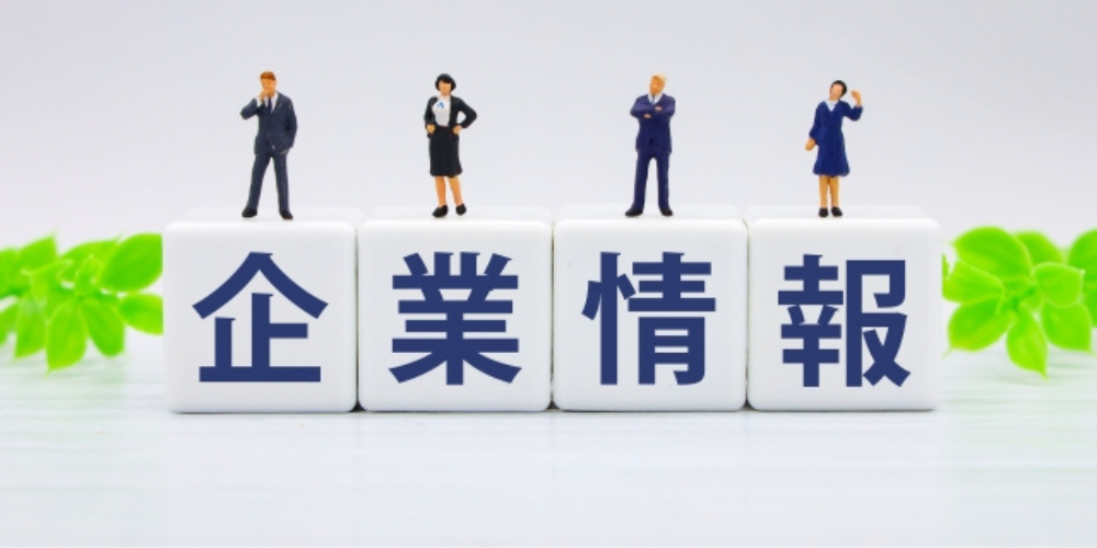 「企業情報」と書かれたブロックの上にビジネススーツ姿のミニチュアの人形が並び、背景に緑の葉が配置されている