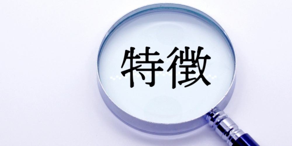 拡大鏡の下に「特徴」と書かれているシンプルな構図の画像
