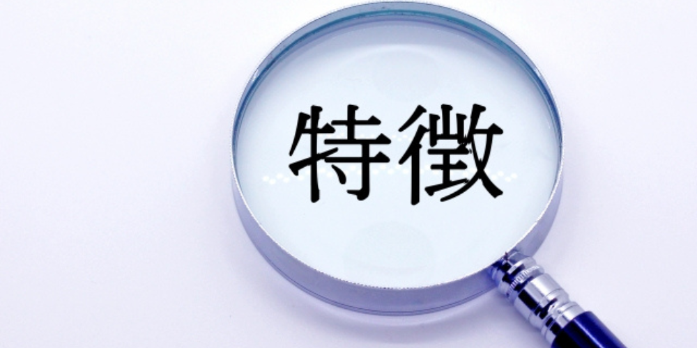 白い背景に置かれた虫眼鏡の中に「特徴」という漢字が拡大されて映っている