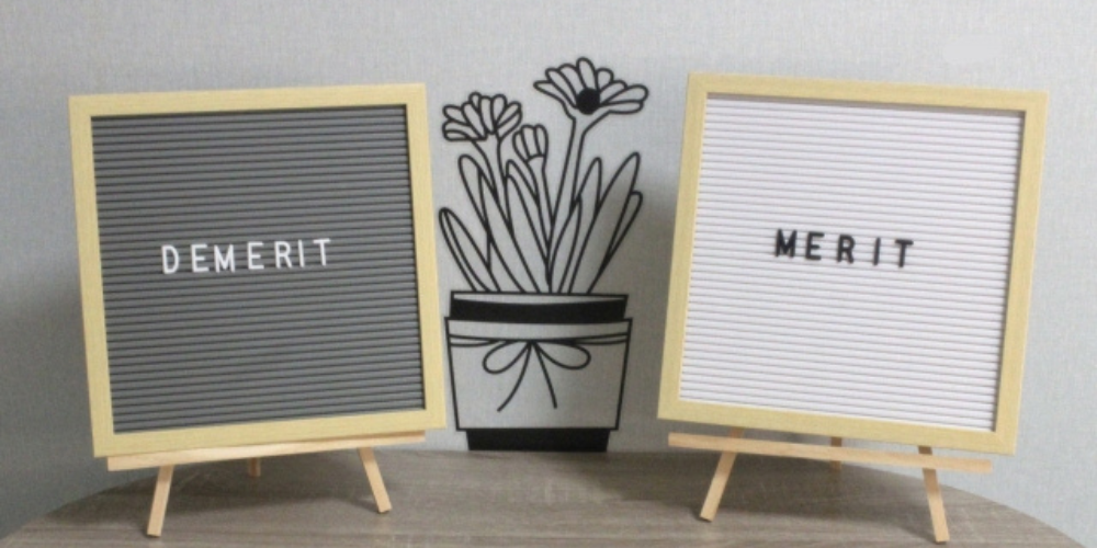 「DEMERIT」と「MERIT」と書かれた2枚のボードが並び、背景に花のイラストが描かれている。