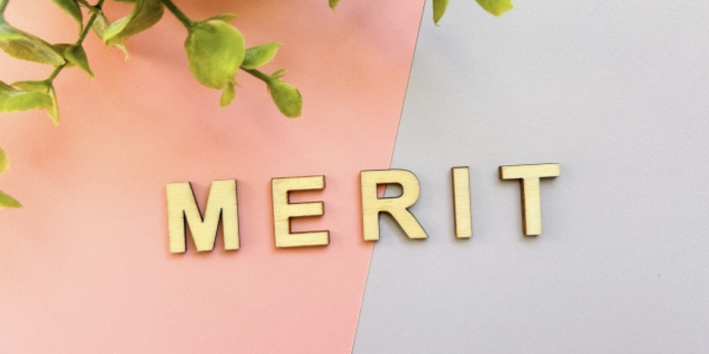 ピンクとグレーの背景の上に木製のアルファベットで「MERIT」と並べられ、左上に観葉植物が置かれている