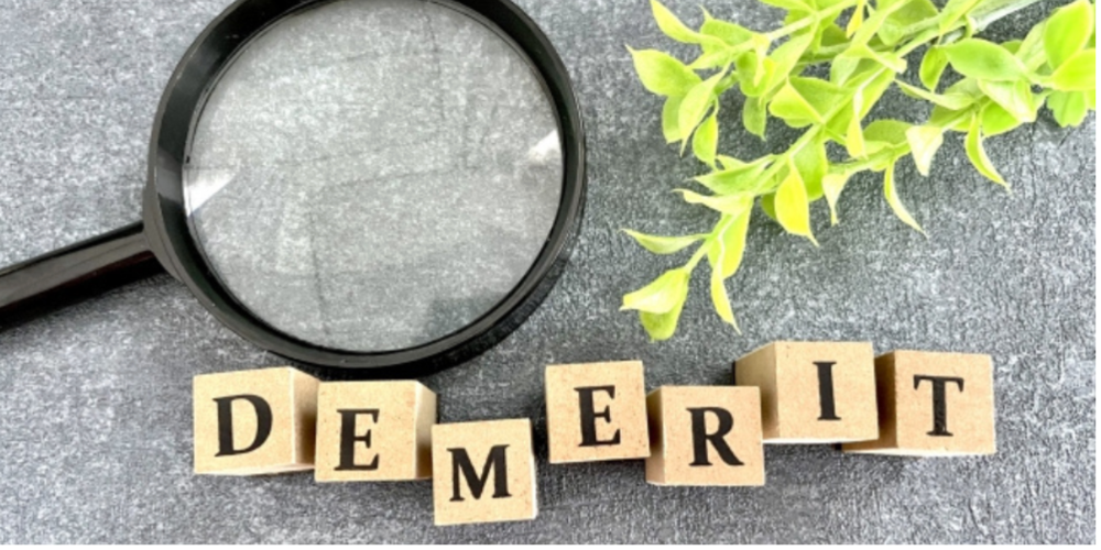 グレーの背景に置かれたブロック文字で「DEMERIT」と並べられ、その上に虫眼鏡と観葉植物が添えられている