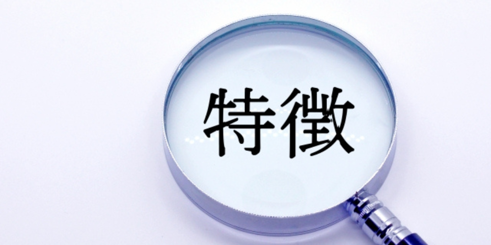 虫眼鏡のレンズの中に「特徴」という文字が映し出されているシンプルな構図の画像