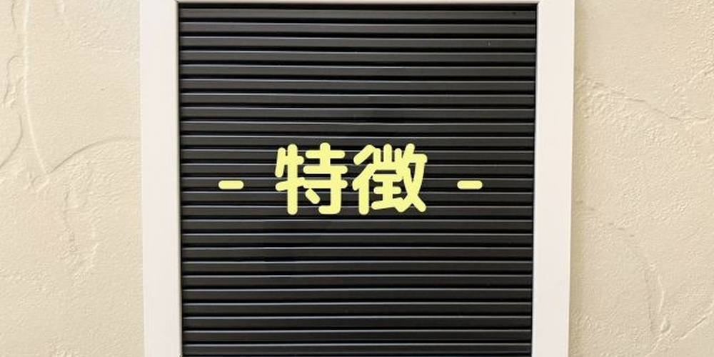 黒いボードに『特徴』の文字が表示されたフレーム、内容のポイントや強みを示すイメージ