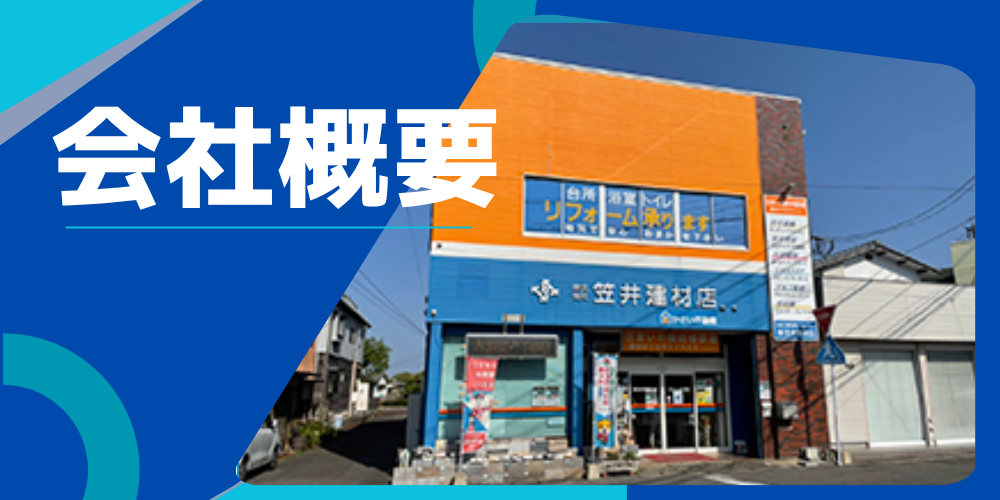 青基調のグラフィックにオレンジ色の店舗写真を配置し、左上に白文字で「会社概要」と大きく記したイメージ